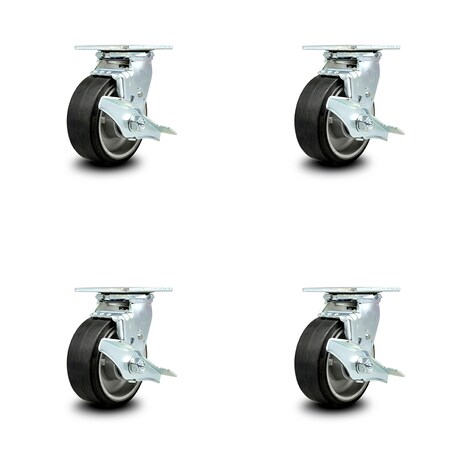 Rubber on Aluminum Swivel Top Plate Caster Set of 4 w/5" x 2" Black Wheels - Includes 4 Swivel w/Top Lock Brakes & Bolt on Swivel Locks - 2000 lbs Total Capacity - Service Caster Brand